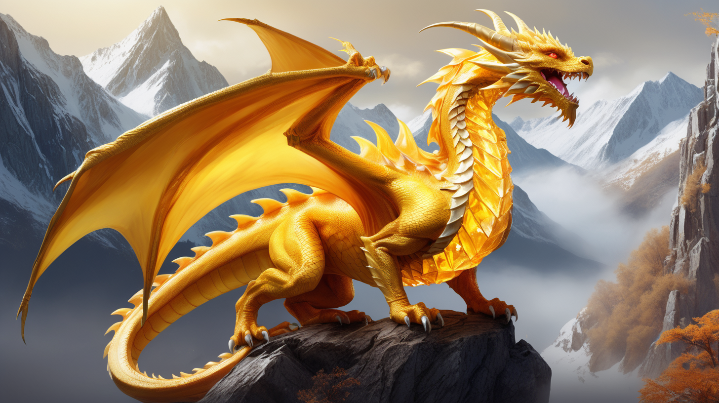 Draw  Stunning  fantasy Dragon citrine pose in the mountains