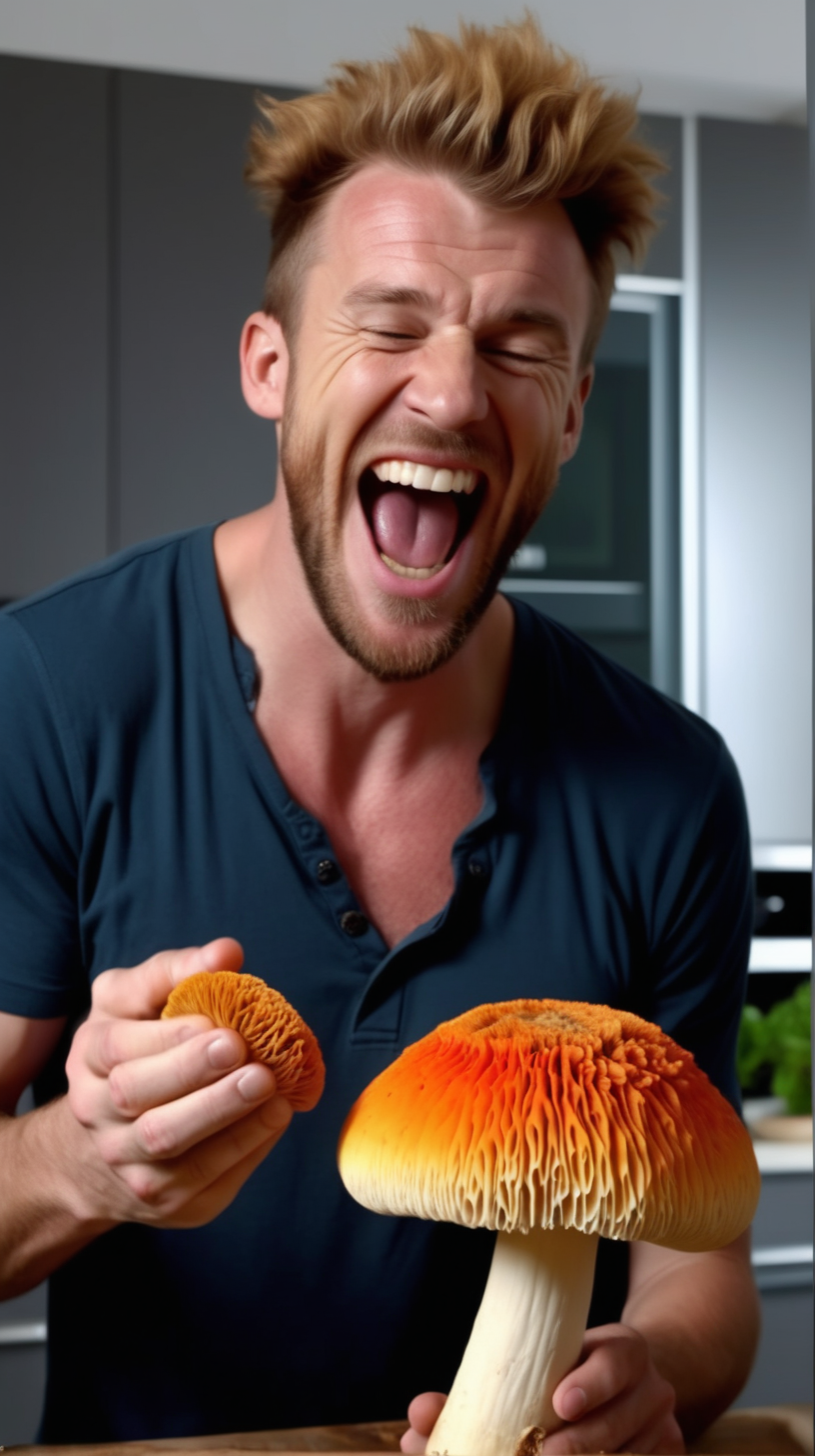 Man holding lionsmane mushroom in his kitchen screaming and smiling because it’s so good; vibrant colours; 4K