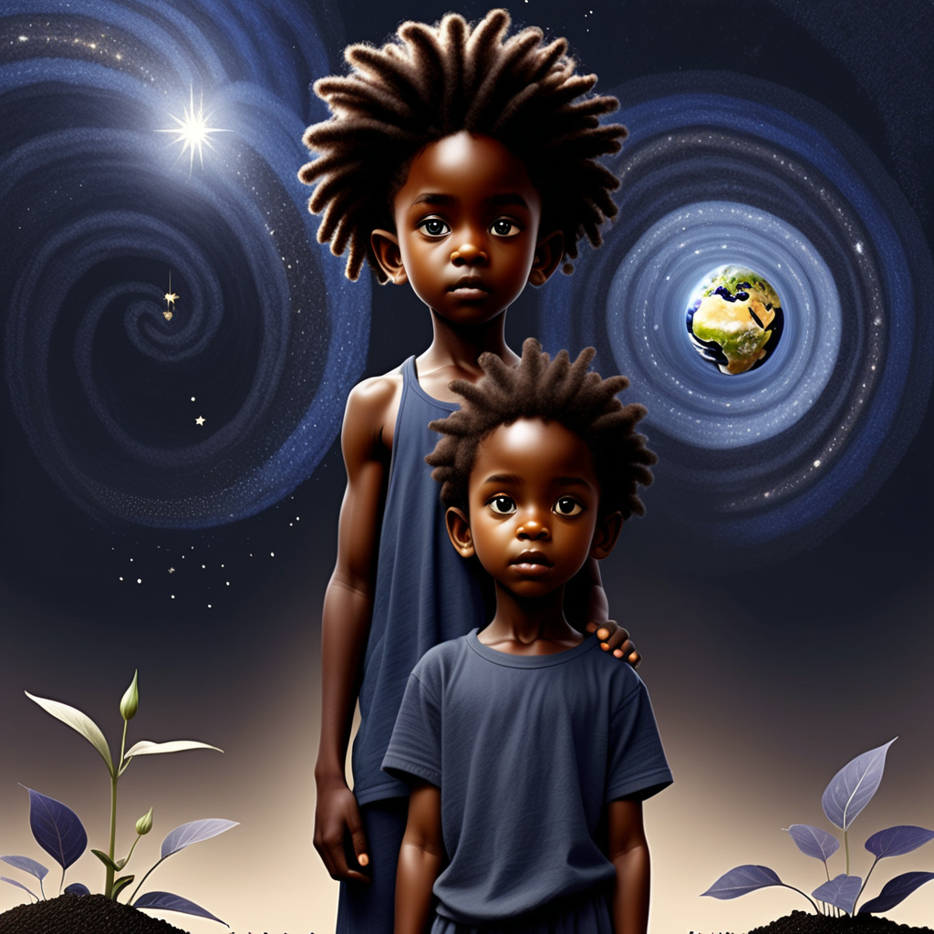 prompt: a black female indigo child helping the world with a black boy
 star seed child standing by his side helping 