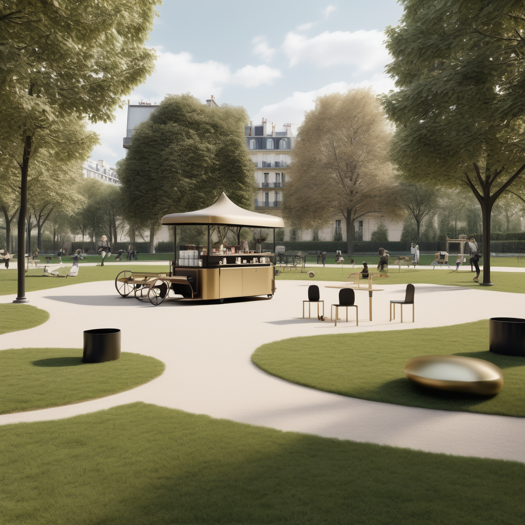 hyperrealistic modern Parisian park with coffee cart, sprawling lawn and playground; beige, oak, brass and black colour palette

