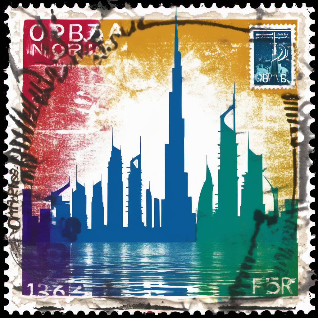 stamp with the burj khalifa, dubai, abstract, colourful, disstressed edges