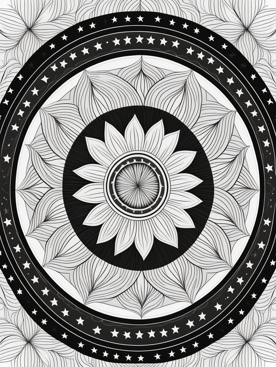 american flag inspired mandala pattern, black and white, fit to page, children's coloring book, coloring book page, clean line art, line art, no bleed