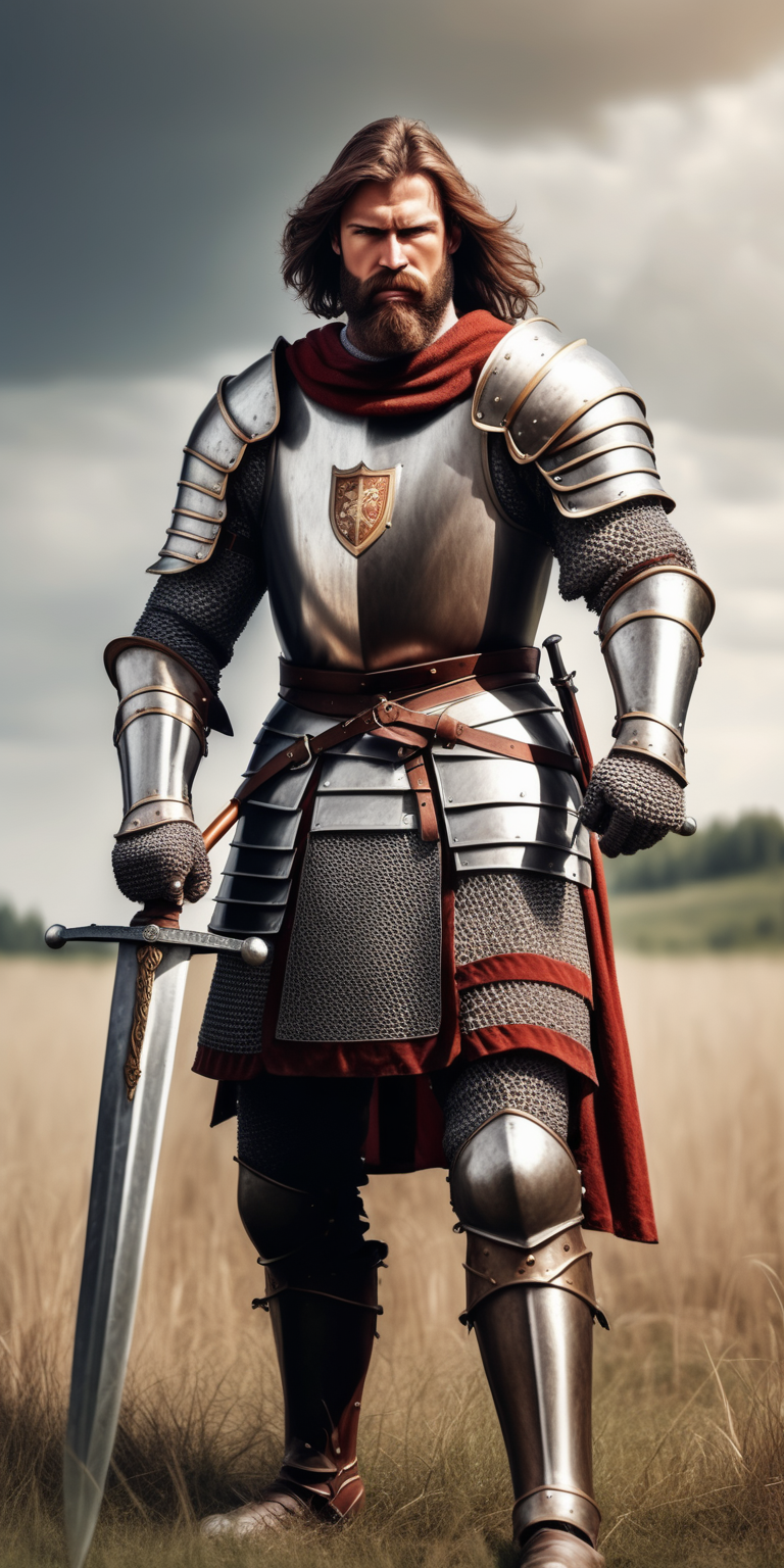 Realistic medieval brown haired muscular knight with a