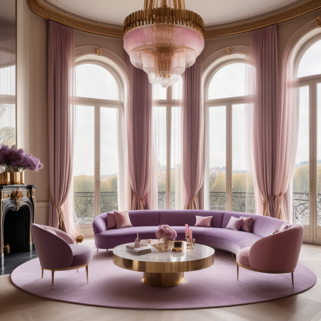 hyperrealistic image of large modern Parisian living room, floor to ceiling windows, curves, beige, pink, lilac and brass colour palette, brass chandelier, sheer curtains