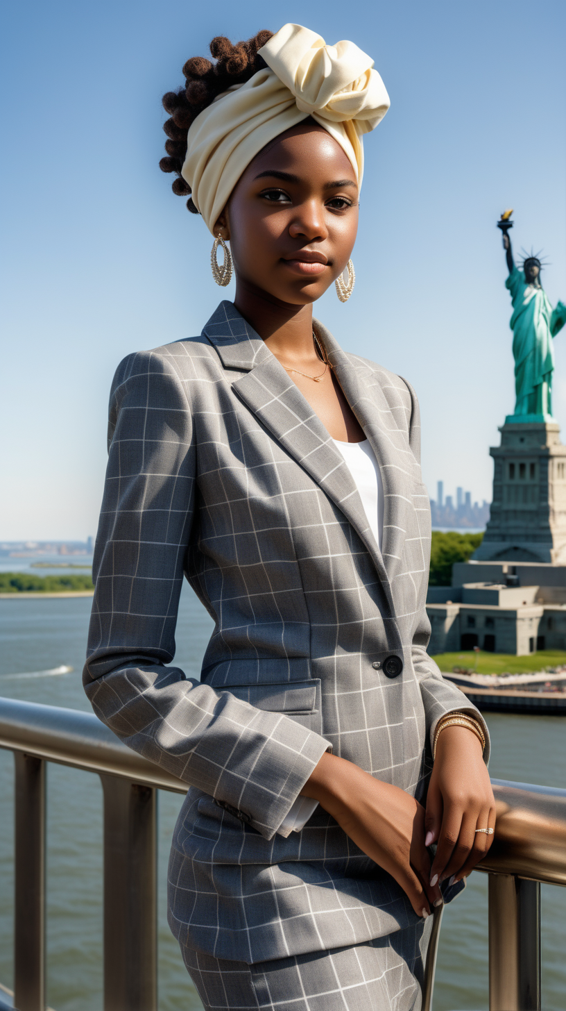 A handsome, intelligent black, female, teenager, wearing an African headwrap, short hair, wearing a cream, blouse, wearing an elegant, string of pearls, Wearing a grey pattern, two piece, women's wool suit, standing on the overlook deck, at the top of the statue of liberty, building, in a luxury, brightly lit, modern day, sunny, in Ultra 4K, High Definition, full resolution, hyper realism