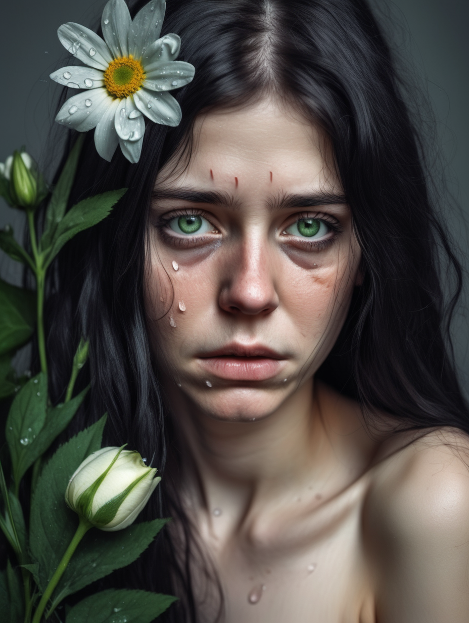 Naked 30 years girl  with flowers and sad face with tears.i want her to be with black long hair,white skin with green etes