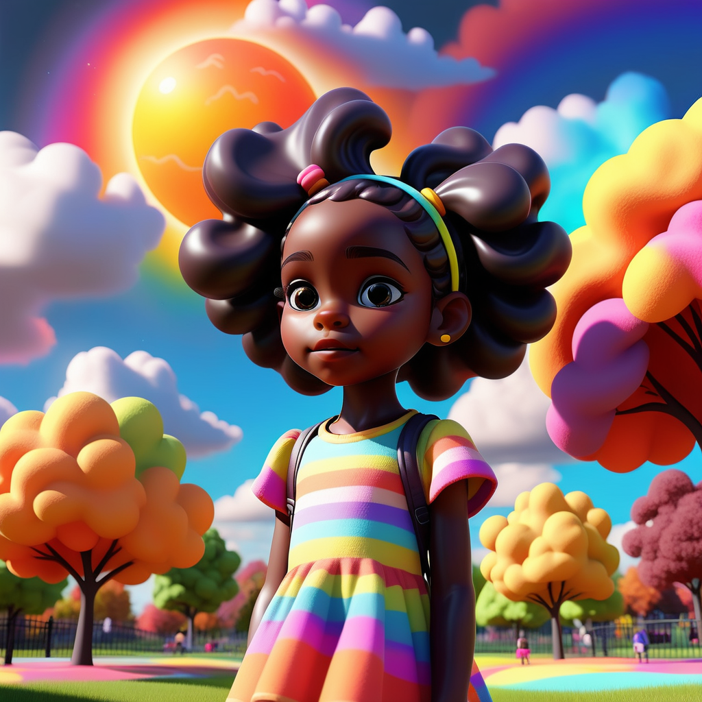 a black little girl in a very colorful park with colorful clouds facing the sun