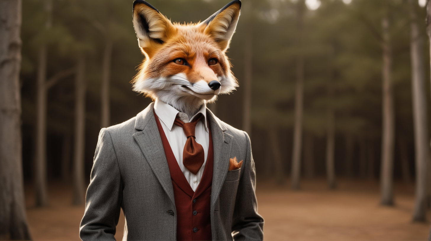 A full shot of a handsome fox gentleman standing up with pointy ears.