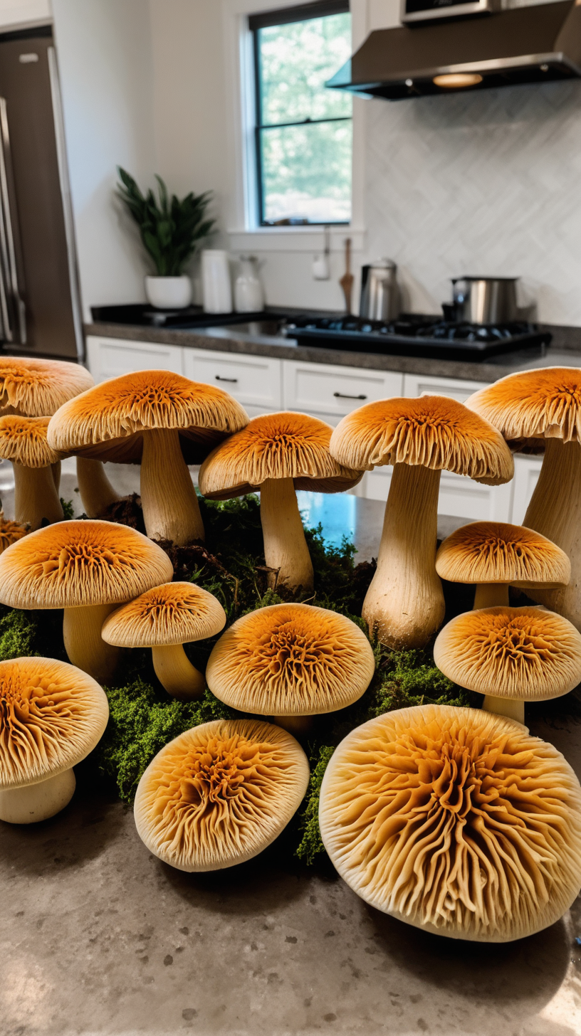 kitchen counter with lionsmane mushrooms on looking extravagent