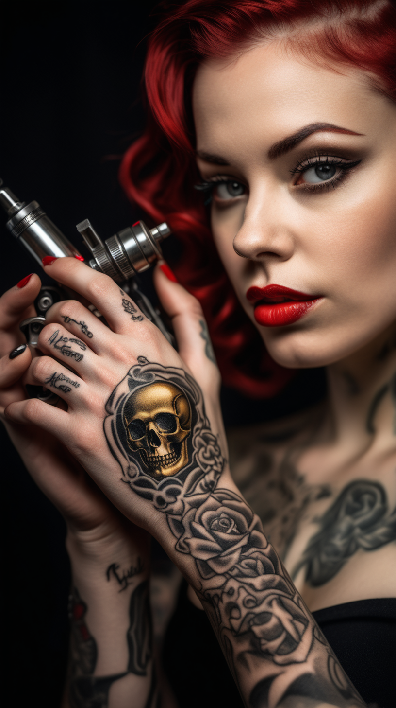 /imagine prompt : An ultra-realistic photograph captured with a canon 5d mark III camera, equipped with an macro lens at F 5.8 aperture setting, The camera is directly in front of the subject, capturing a vintage classic tattoo machine /describe : a pattern of the skull is engraved on golden tattoo grip , grabbed by a hand wearing black nitrile gloves . A beautiful woman whose only lips are visible in the picture is sensually kissing the grip of the tattoo machine with her very red lips.
the hand is blurred and the focus sets on tattoo machine .
Soft spot light gracefully illuminates the subject and golden grip is shining. The background is absolutely black , highlighting the subject.
The image, shot in high resolution and a 16:9 aspect ratio, captures the subject’s  with stunning realism –ar 9:16 –v 5.2 –style raw
-iw 2
