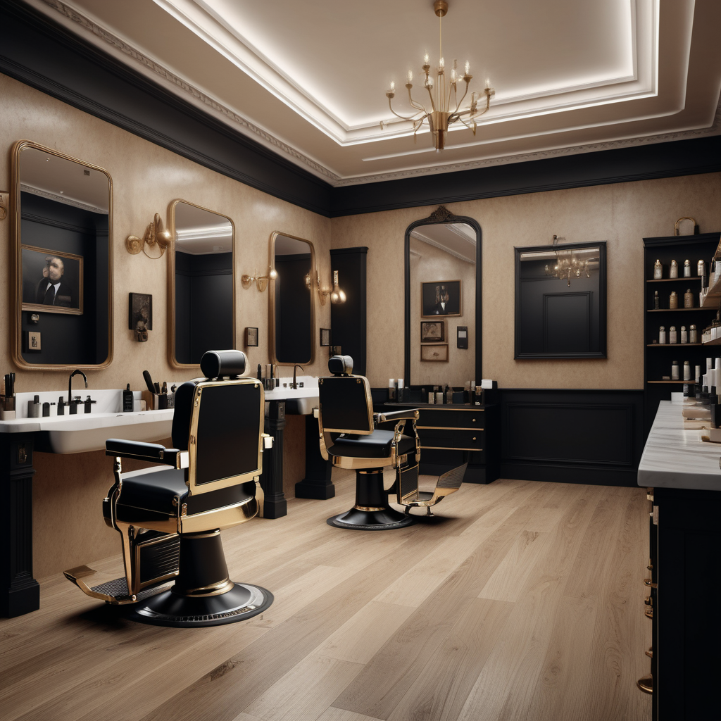 hyperrealistic image of an elegant barbers interior in a beige, oak, brass and black colour palette