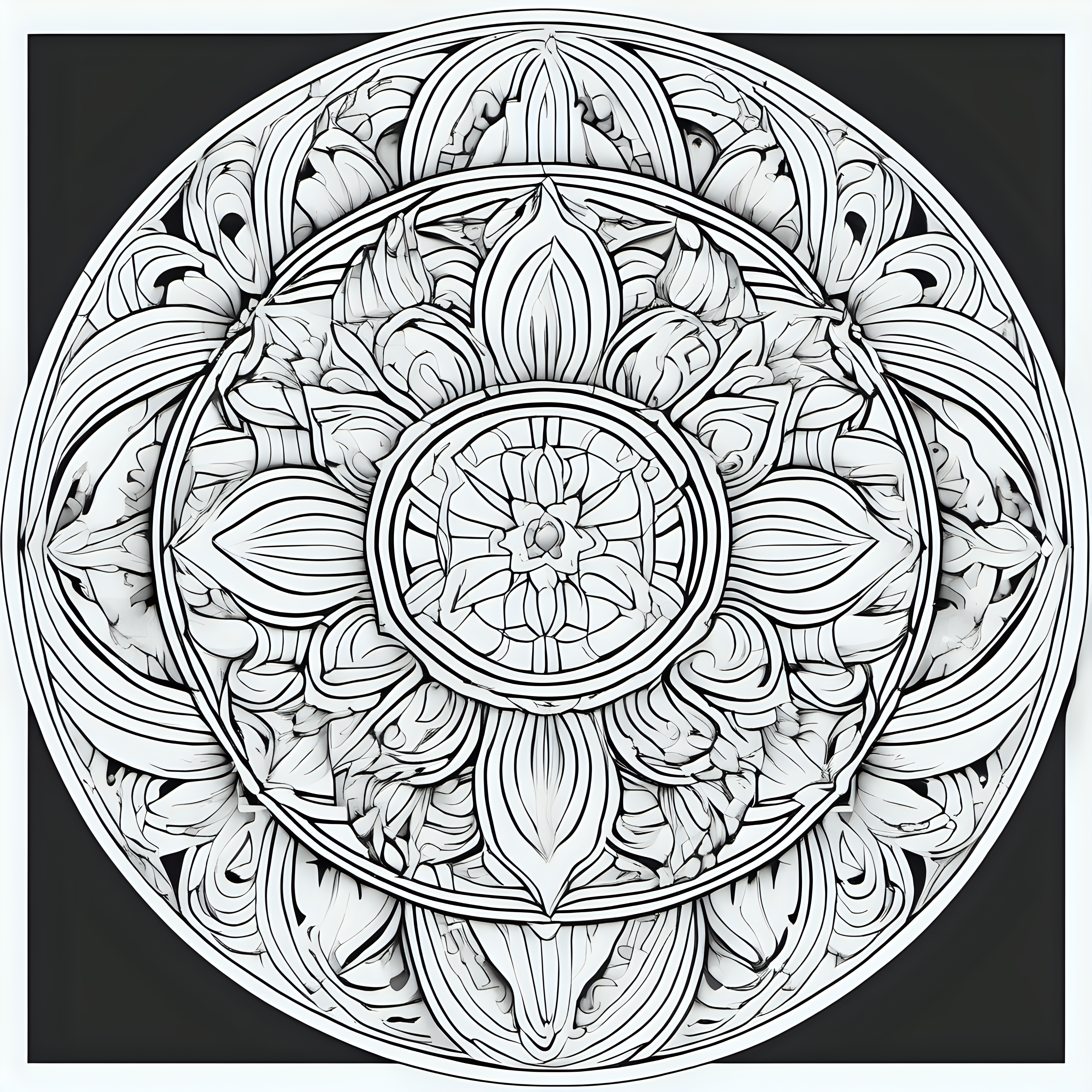 coloring page for adults, mandala for adults, unique floral mandala, thick lines, fit mandala in page, line art, full length view –s 750 –v 5.1 --ar 2:3