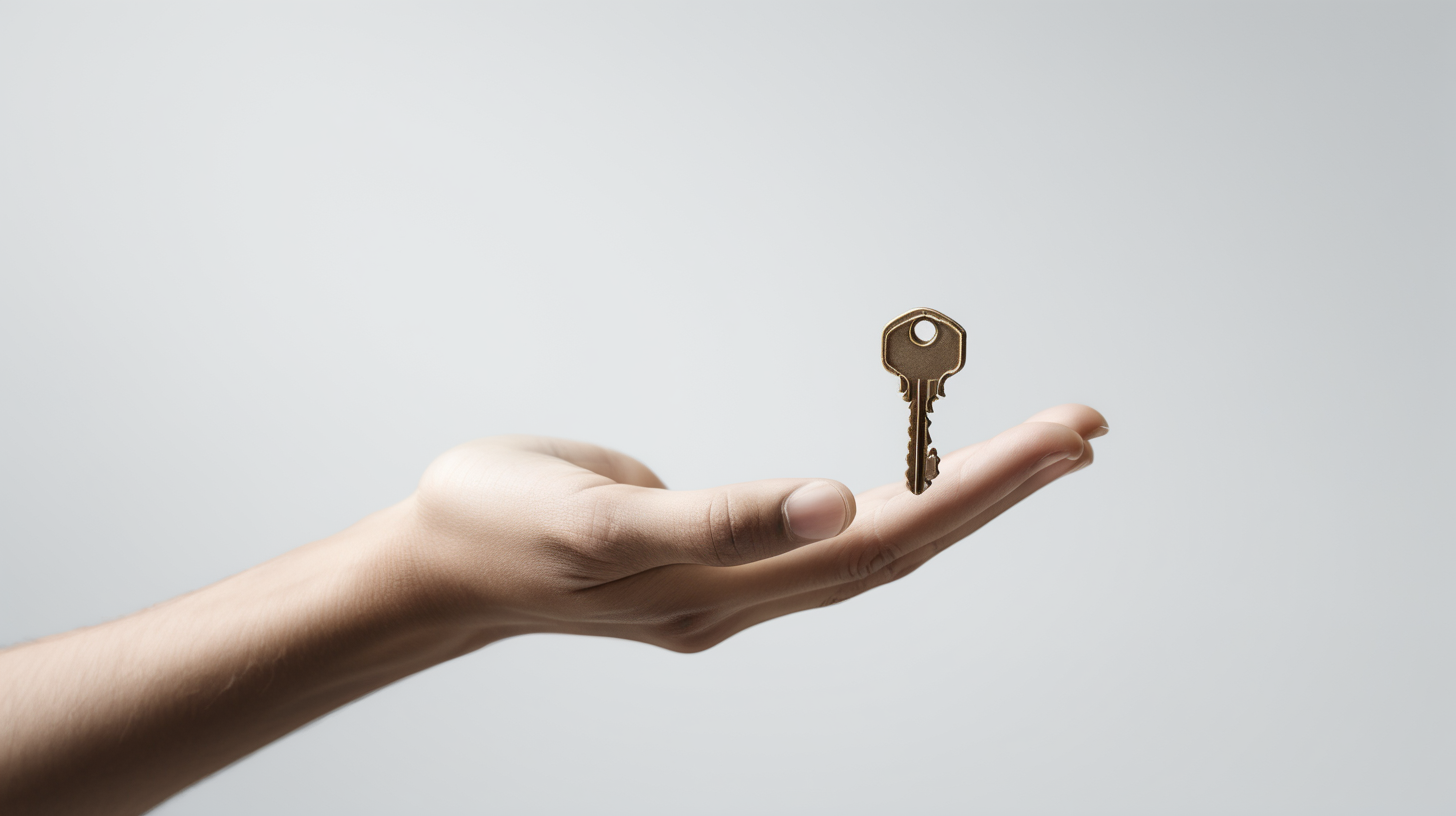 Create a simple and minimalist image of a hand holding out a single key against a clean, uncluttered background. This represents the essence of a serene lease management moment with a focus on simplicity and clarity.