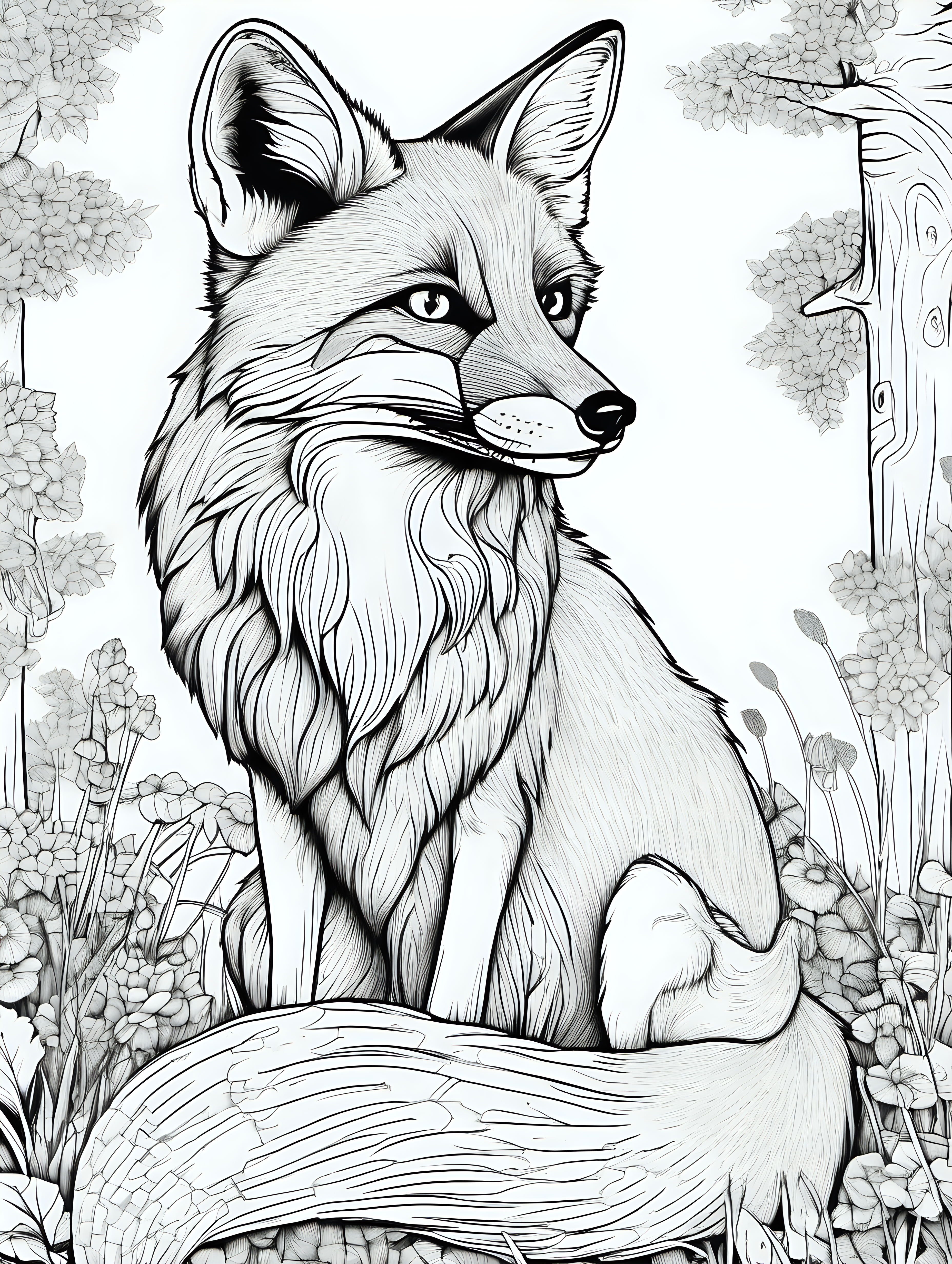 fox, coloring page, low details, no colors, no shadows