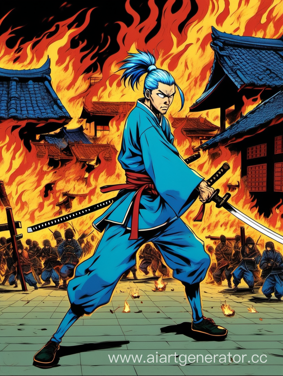 A man with a ponytail and blue hair color who is a samurai soldier with a katana is wearing blue clothes and is attacking someone in front of the burning houses.