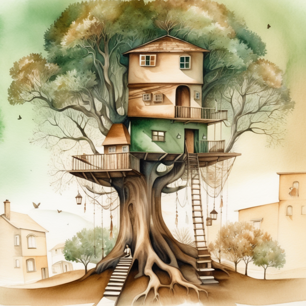 Old forest in brown and green tones above the fig tree, a shelf on the branches of the tree, around it there are normal houses without roofs and different trees, there is a girl in front of the tree house, illustration abstract graphic design in watercolor form