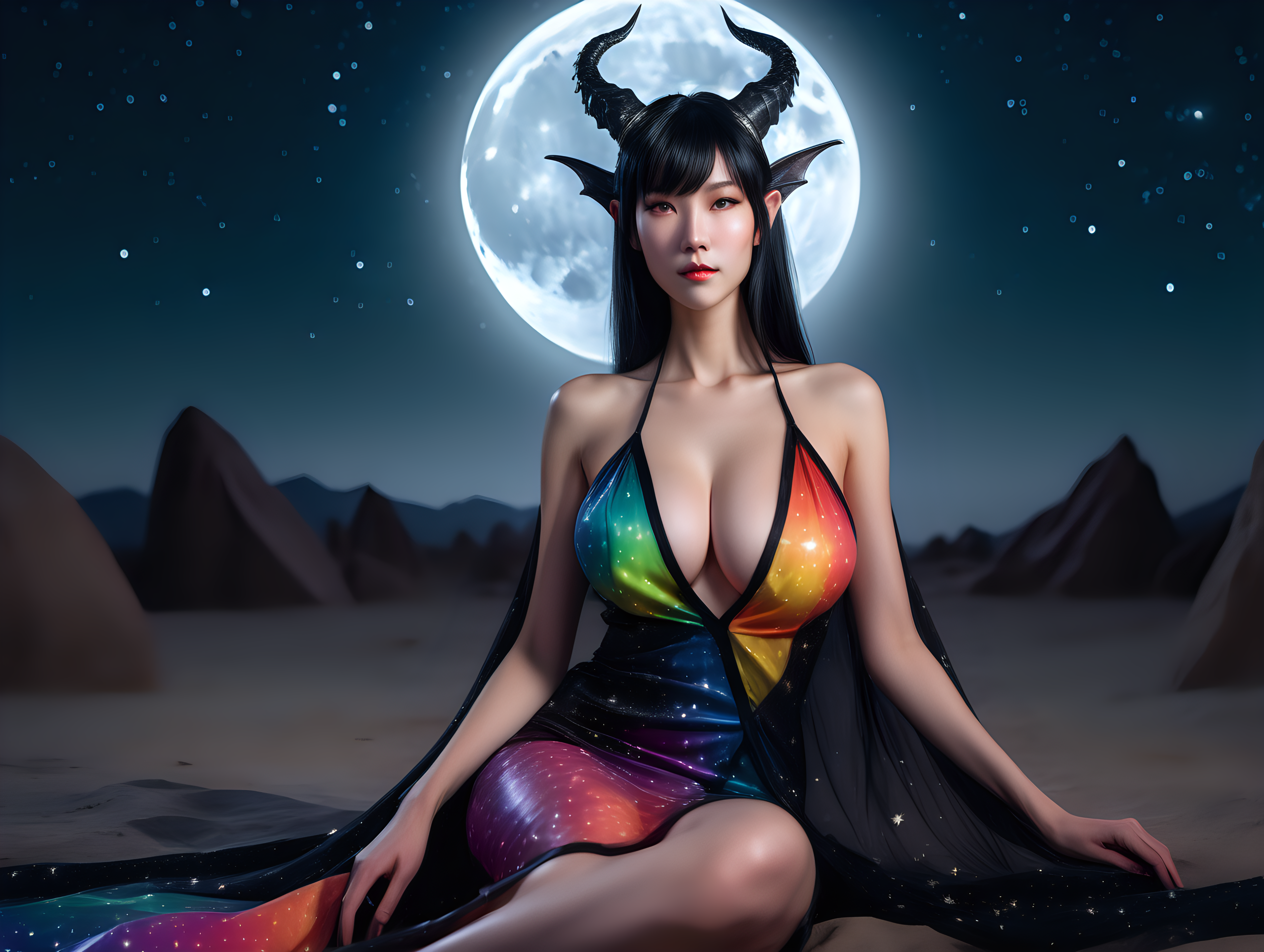 ultra-realistic high resolution and highly detailed close up adult film photoshoot of a slender female human dragon, with sleek pointy black horns gently swept straight backwards over head, with massive breasts, colourful open front loose transparent dress, sitting under a starry sky with the moon in the background, looking at the camera