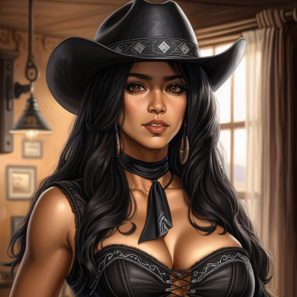 black cowboy hat, black hair, long hair, brown eyes, Latina, female, western, black corset, mature, black bandana around neck, semi realism, mature woman, in saloon