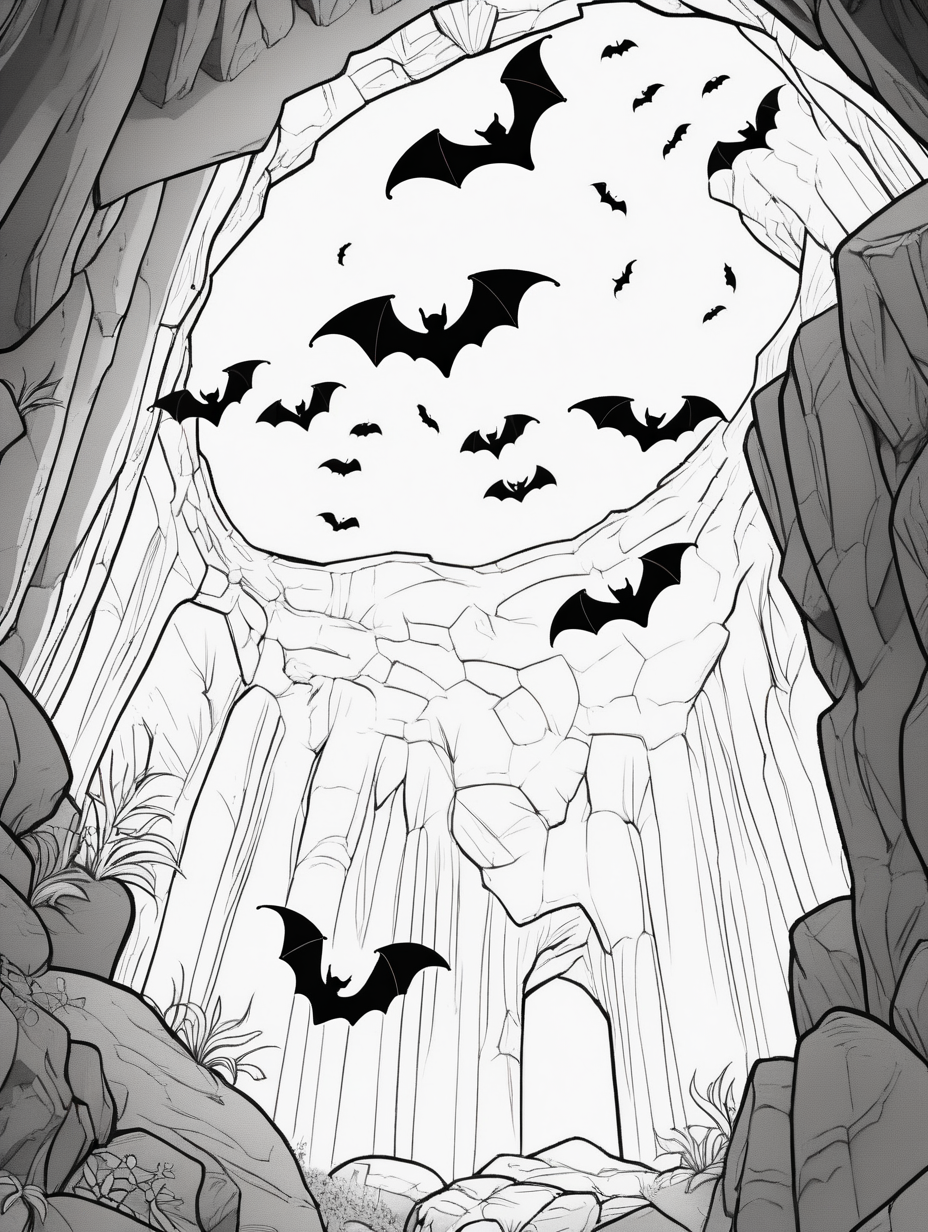 bats on the ceiling of a cave, coloring page, low details, no colors, no shadows
