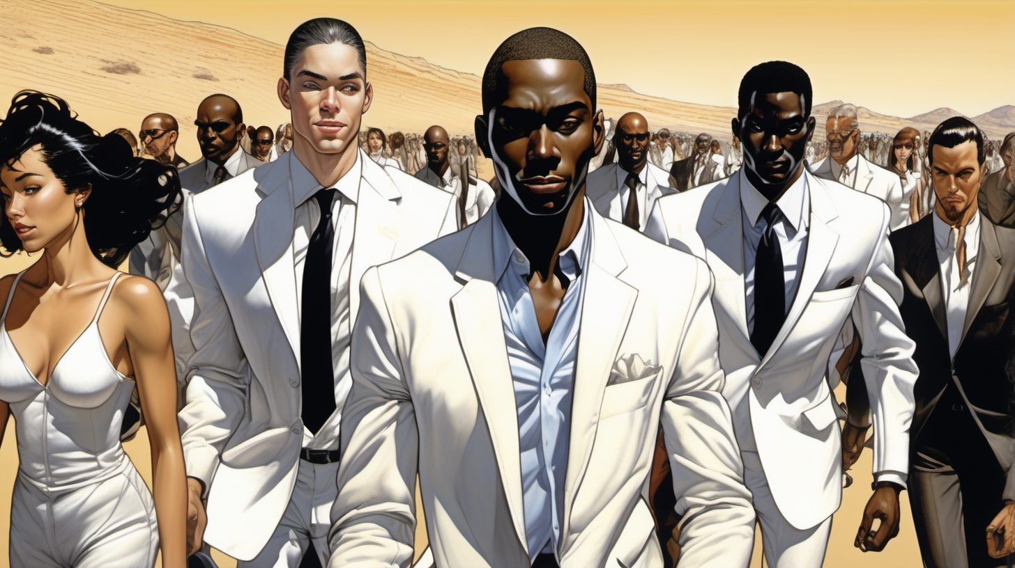 a black man with a smile leading a group of gorgeous and ethereal white,spanish, & black mixed men & women with earthy skin, walking in a desert with his colleagues, in full American suit, followed by a group of people in the art style of Hajime Sorayama comic book drawing, illustration, rule of thirds