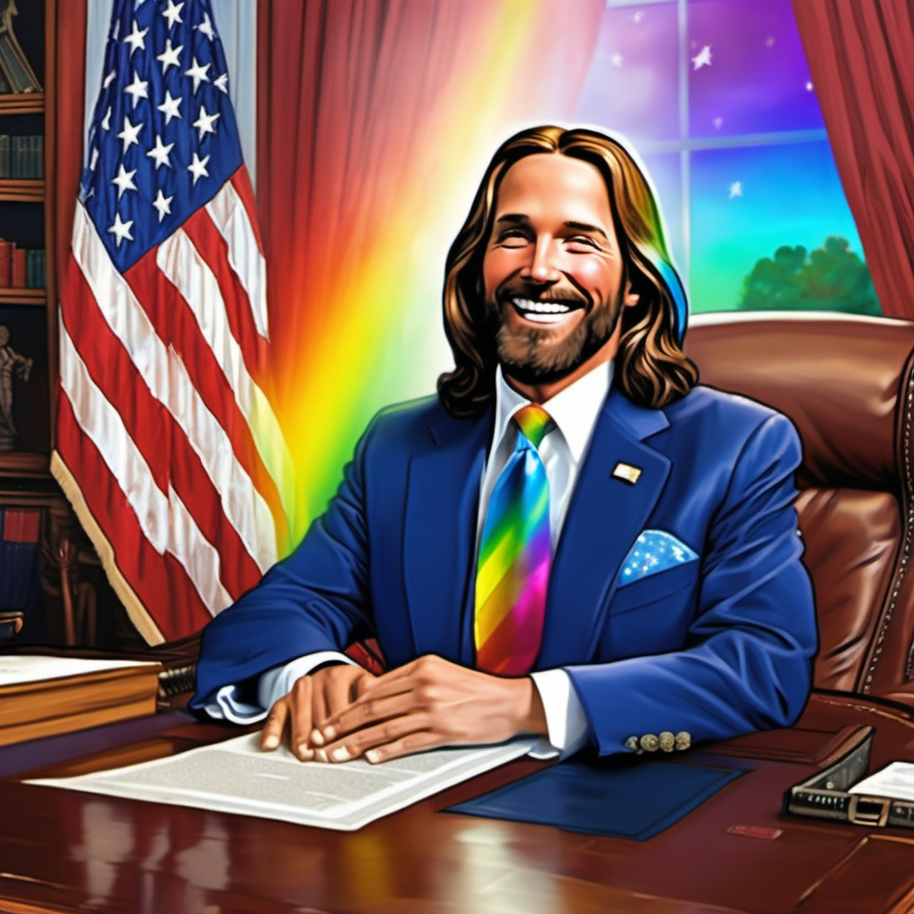 jesus oval office rainbow suit tie president of united states cosmic happy