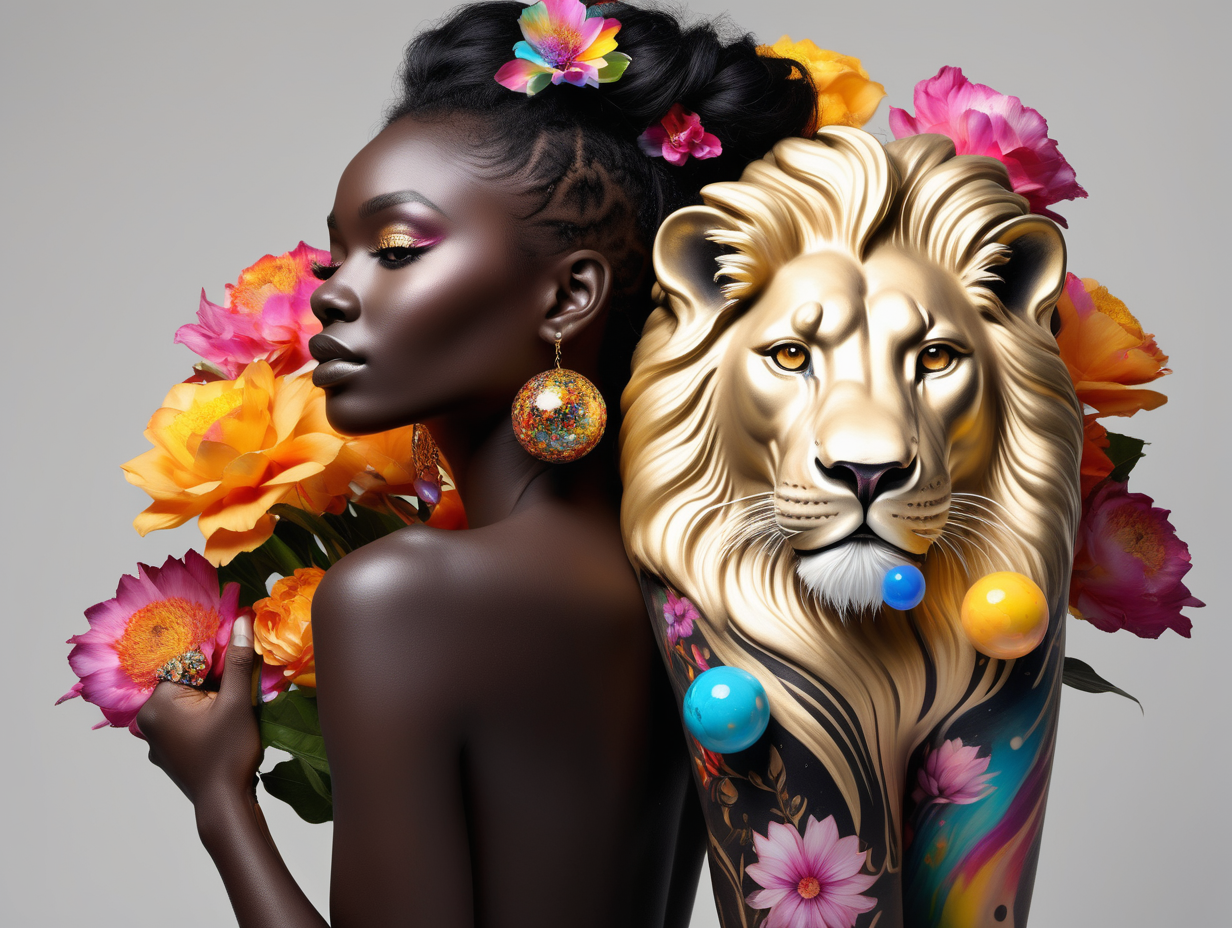 abstract exotic super black Model with soft colorful flowers, the colors of the flowers leak into her hair. 
 add She is holding a toy top in gold
she is looking at realistic white 
lion
 8 crystal balls in different sizes are floating in the air
add tattoos on her arms and shoulder