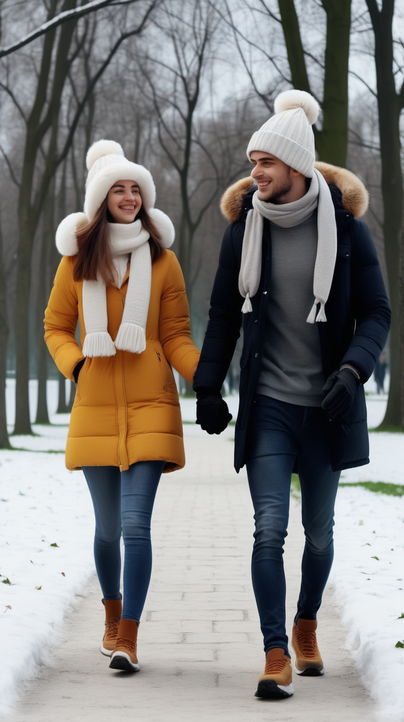 young man taking a stroll in the park with a young woman both looking happy with big thick winter hats on  4k
