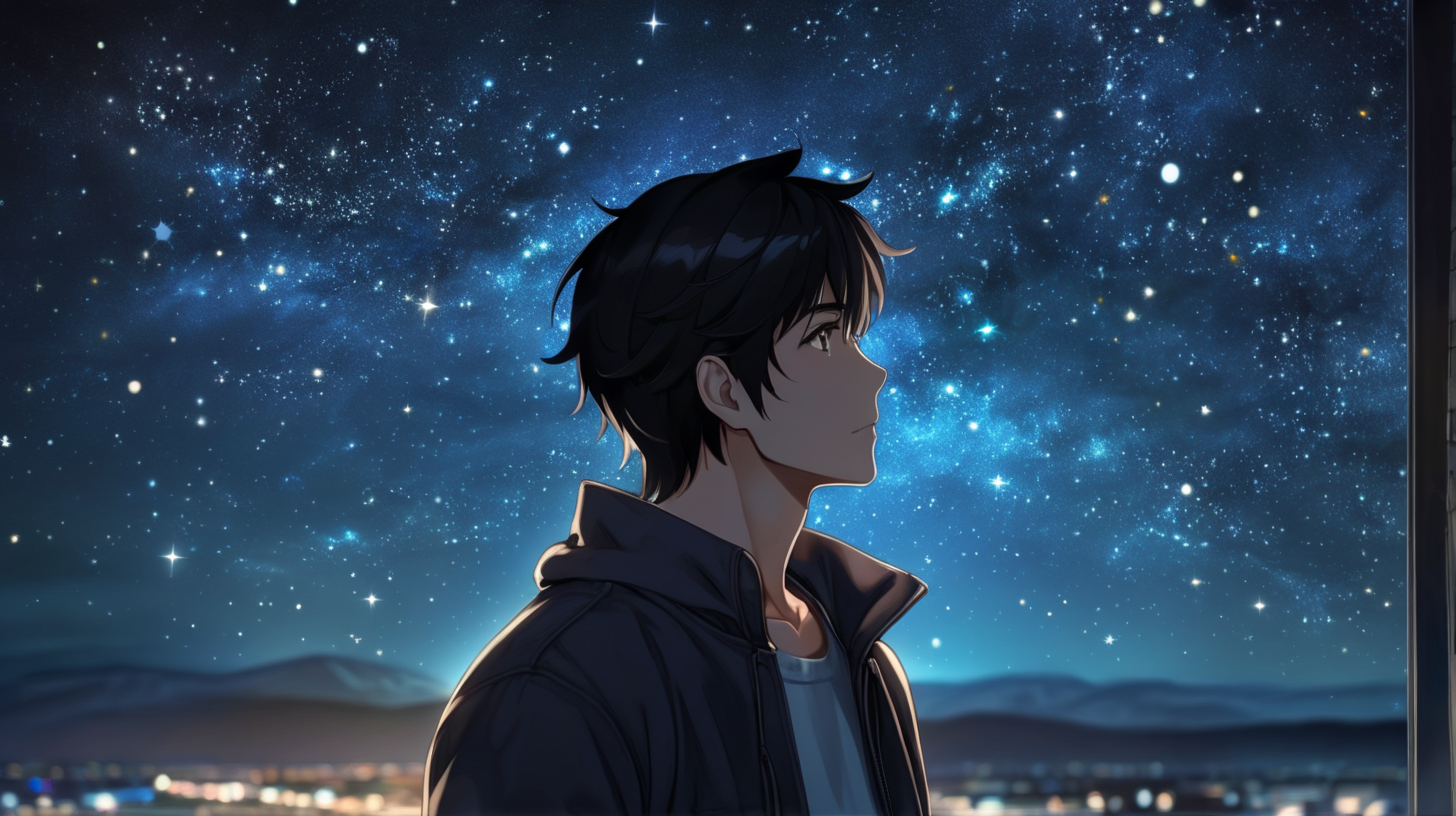 Late one night, a handsome man is looking at the sky full of stars, the background of the night sky is very beautiful, black hair, wearing modern clothes, simple full color, high quality, lively eyes, dark, dark color, in room, natural eyes,