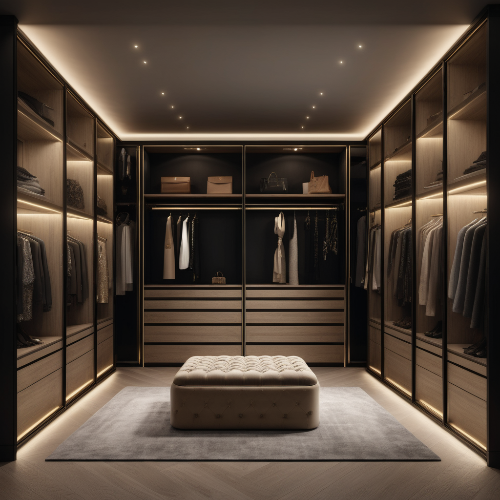 a hyperrealistic image of a grand modern Parisian  walk in closet at night with mood lighting, floor to ceiling window with view of the balcony  in beige, oak, black and brass 
