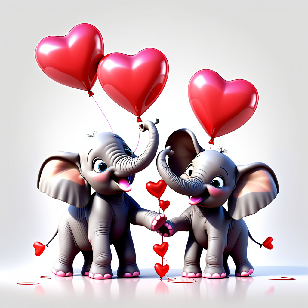 /envision prompt: "Charming Pixar 3D Elephant Calves with Valentine Balloons" clipart featuring baby elephants holding heart-shaped balloons against a white backdrop. Their playful expressions add a touch of Valentine's whimsy. --v 5 --stylize
