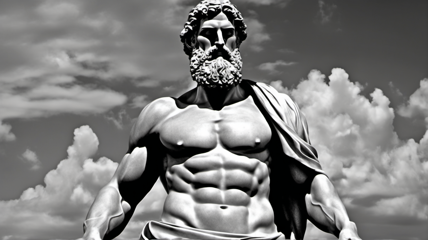 Image of a full-body statue depicting a muscular, bearded man. The statue should be in the style of ancient Greek art, characteristic of Stoicism. It should feature clothing elegantly draped over one shoulder. The background should be dark cloud, highlighting the statue as the central element. The statue must demonstrate exceptionalcraftsmanship, with intricate details visible in the facial features and attire. The image should have a dramatic feel, achieved through the interplay of light and shadow. The perspective should be a wide shot.