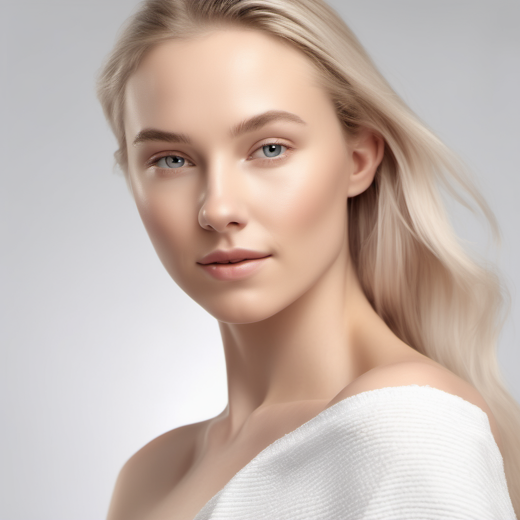 18 years old  white lady has flawless skin for a skincare commercial advertisement, ultra-realistic skin details with white background, the lady is showing shoulder