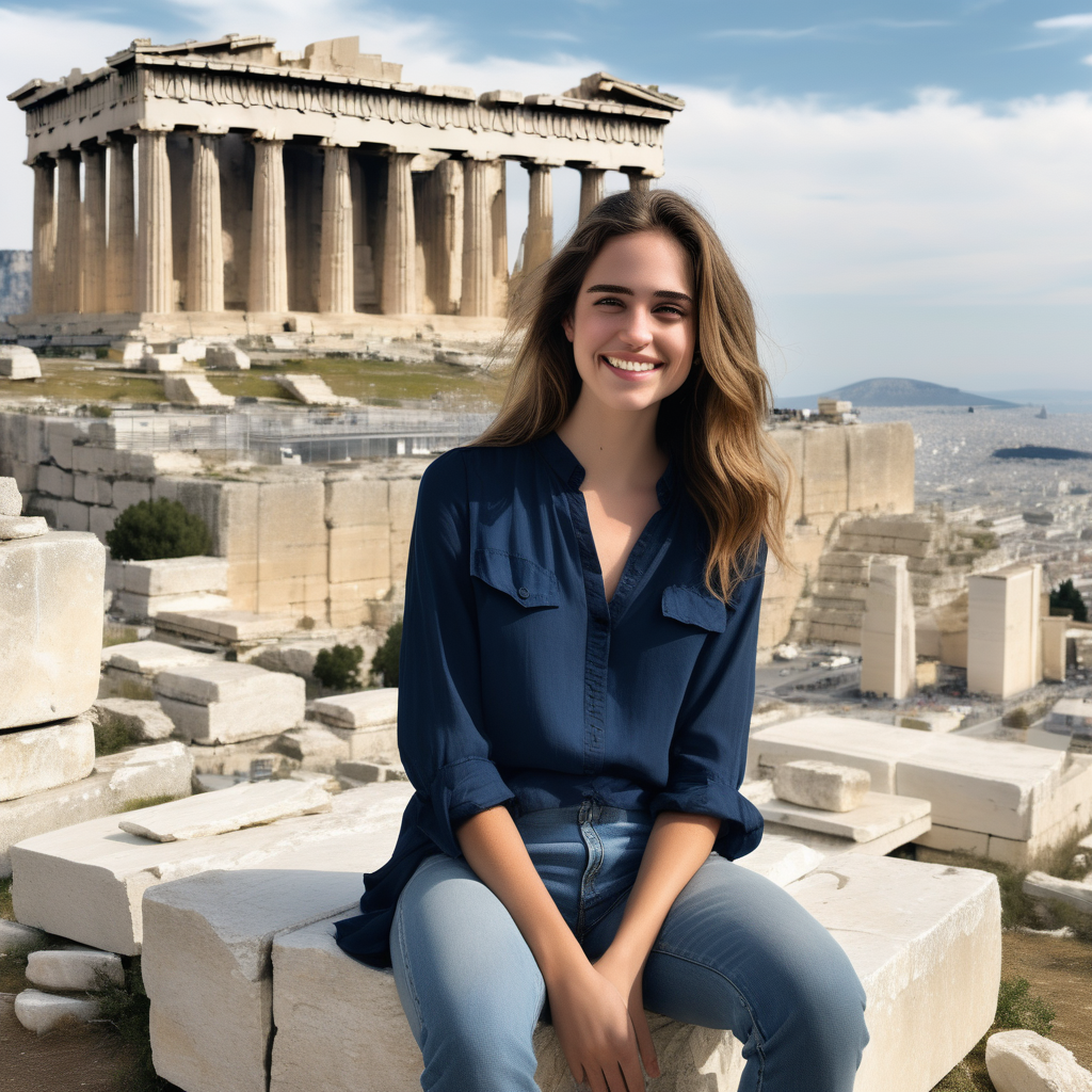 Using the same setting and attire, produce a smiling Emily Feld dressed in a long, dark blue blouse and jeans,  sitting a rock on the Acropolis in front of the Parthenon