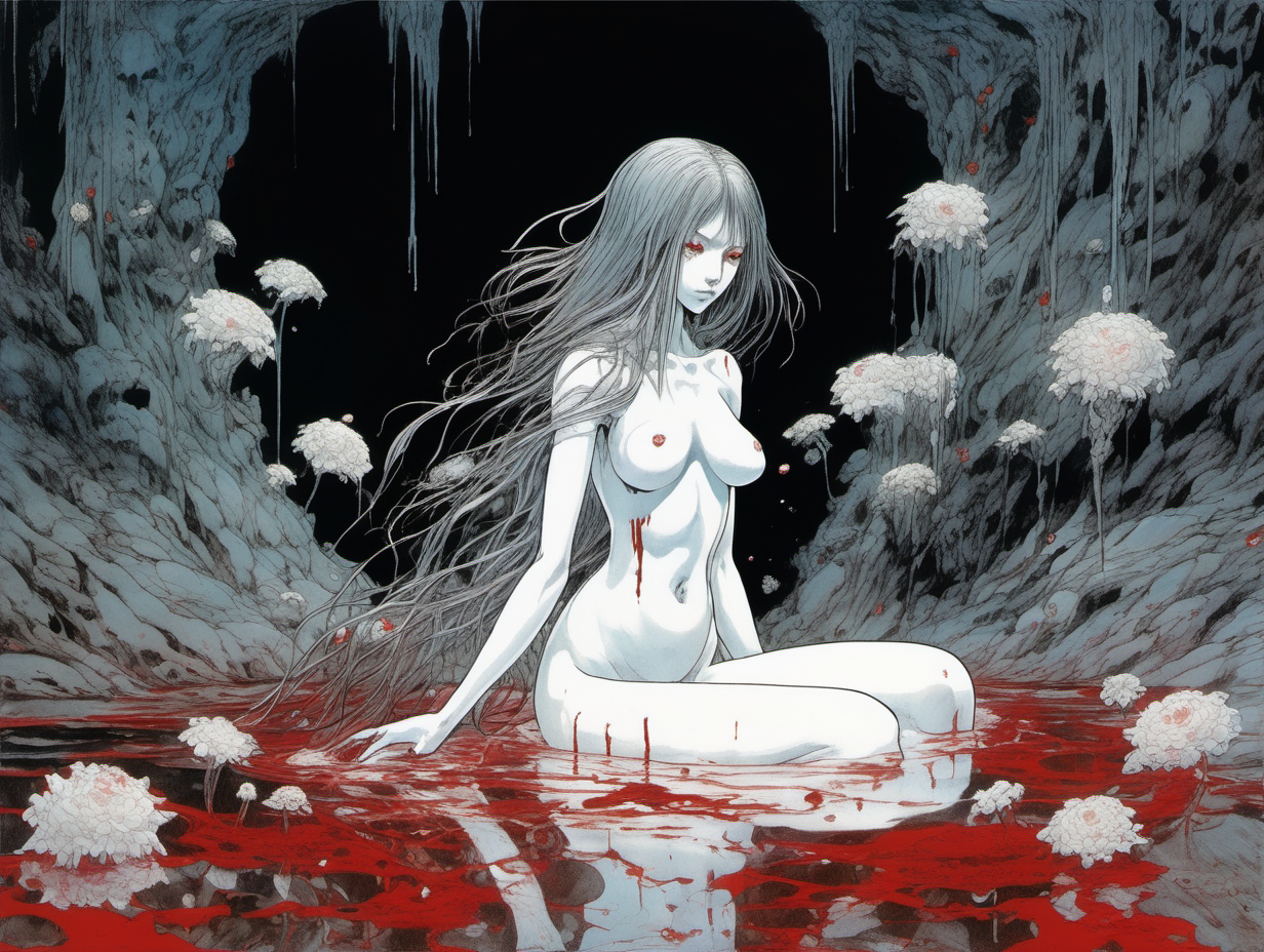 A girl bathing in a sea of blood
