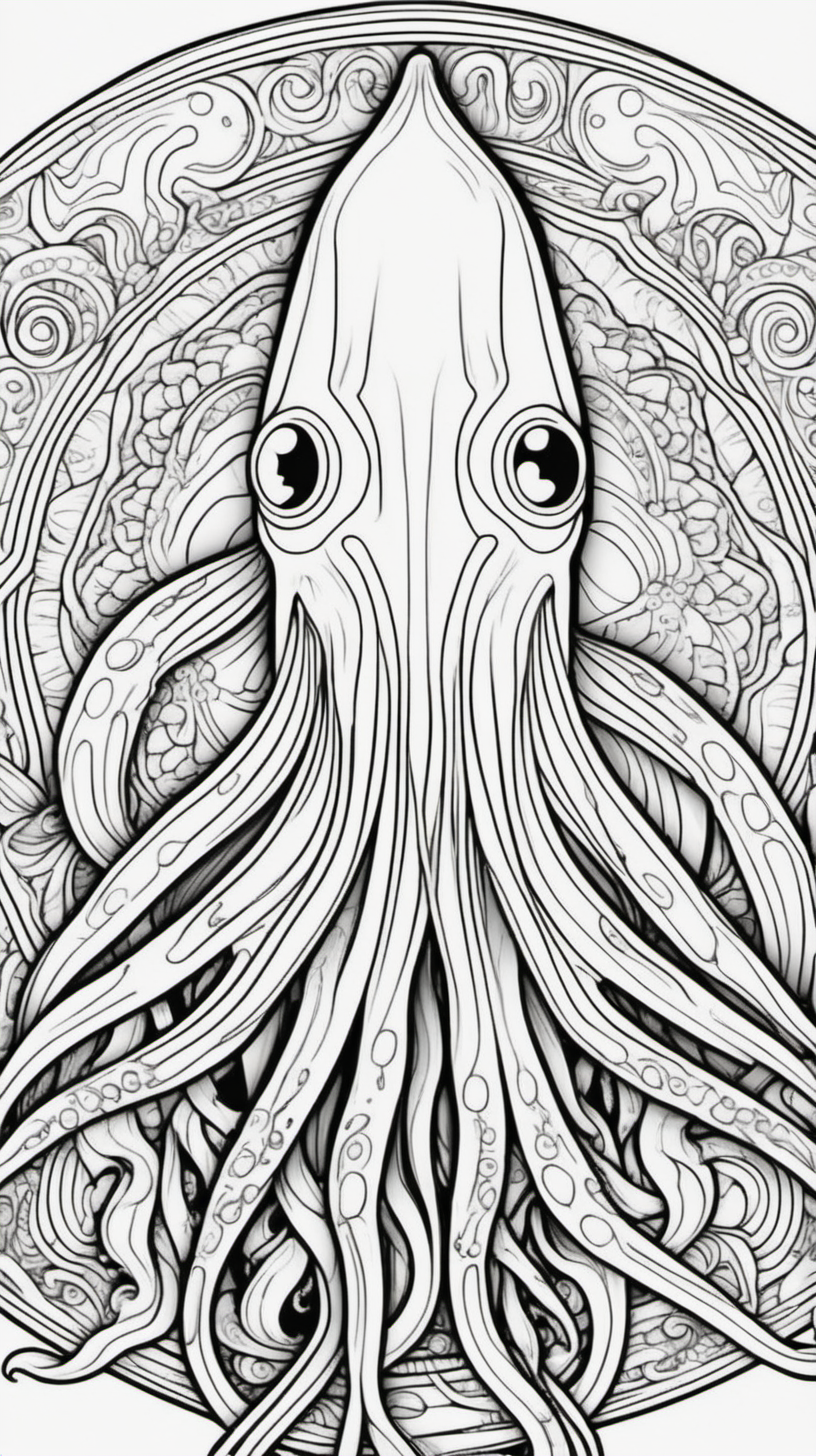 ocean squid, mandala background, coloring book page, clean line art, no color