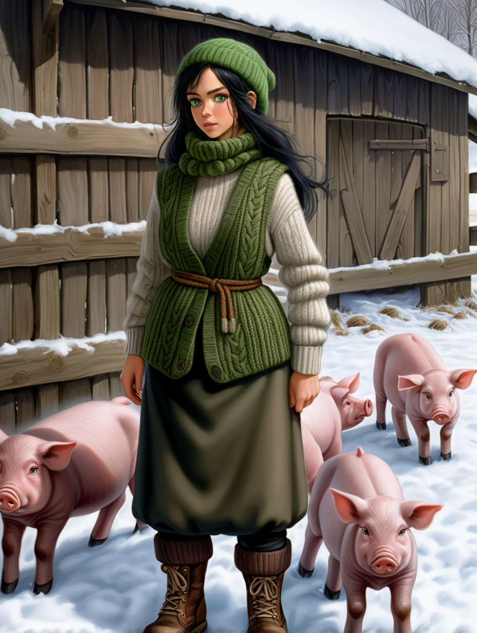 A beautiful peasant woman with long black hair and green eyes works in the pen in front of the barn. Around her are piglets - small and pink. Everything is in mud. The barn is surrounded by a fence of old wooden posts and wire mesh. It's winter, everything is covered with a thick layer of snow. Mud and snow mix. The peasant woman has put on low to the ankle rubber boots on her feet. Brown coarsely knitted woolen socks stick out from them - up to the middle of the leg and. On top of them, to keep her warm, she has put on green - brown, very wrinkled and crumpled woolen knitted gaiters. It is worn with thick elastic leggings, over it there is a shotr knitted skirt in black and brown. A chunky brown-gray wool sweater with a chin-high collar is snug around her. over it she wore an off-white furry sleeveless sweater with a triangle neckline. Above all this is a short  quilted waistcoat in green which is unbuttoned. On his head he wears a thick knitted woolen gray hat - an ushanka. He also has a thick scarf sloppily draped around his neck. He also wears gray knitted woolen fingerless gloves. across the waist, a thin hemp rope is wrapped 2-3 times, which he uses for a belt.