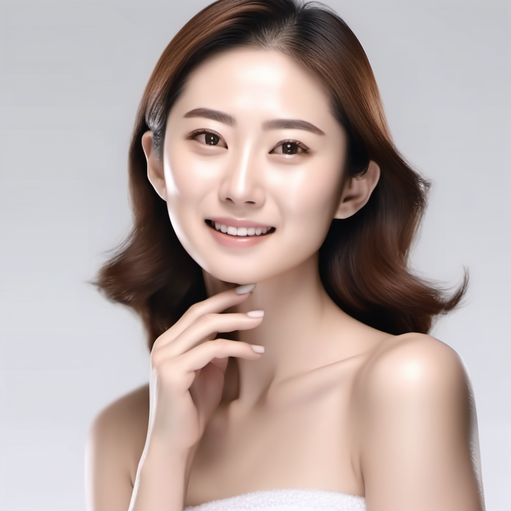18 years A Japanese lady has flawless skin for a skincare commercial advertisement, with ultra-realistic skin details with a white background, the lady is showing shoulder