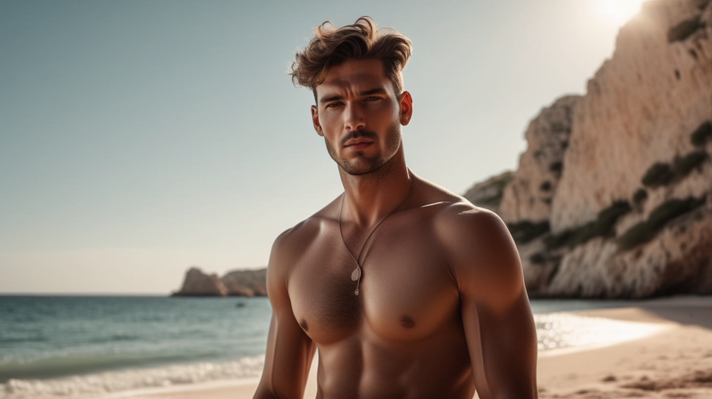 Chill-out, ibiza, beach, a super realistic handsome man, without shirt. The lighting in the photo should be dramatic. Sharp focus. A ultrarealistic perfect example of cinematic shot. Use muted colors to add to the scene