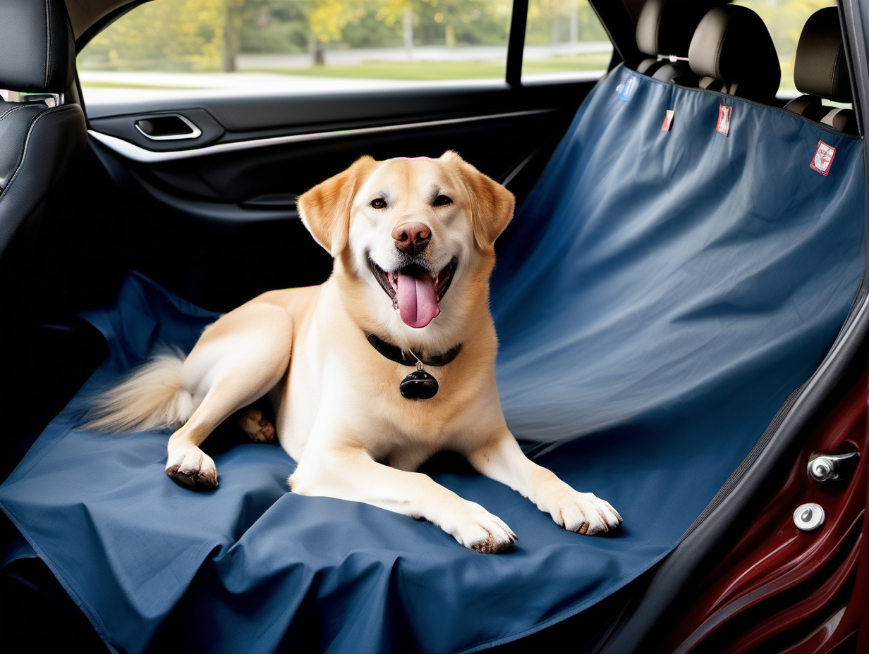 Create an image of a dog relaxing on the back seat of a car. The back car seat is protected with a car seat cover. The cover color is dark blue. The dog is of a large size, looks happy and relaxed, with the tongue out, laying on the mat sideways to the camera, looking to the right, turned away from the camera. The color of dog is beige. The weather outside is bright and sunny.