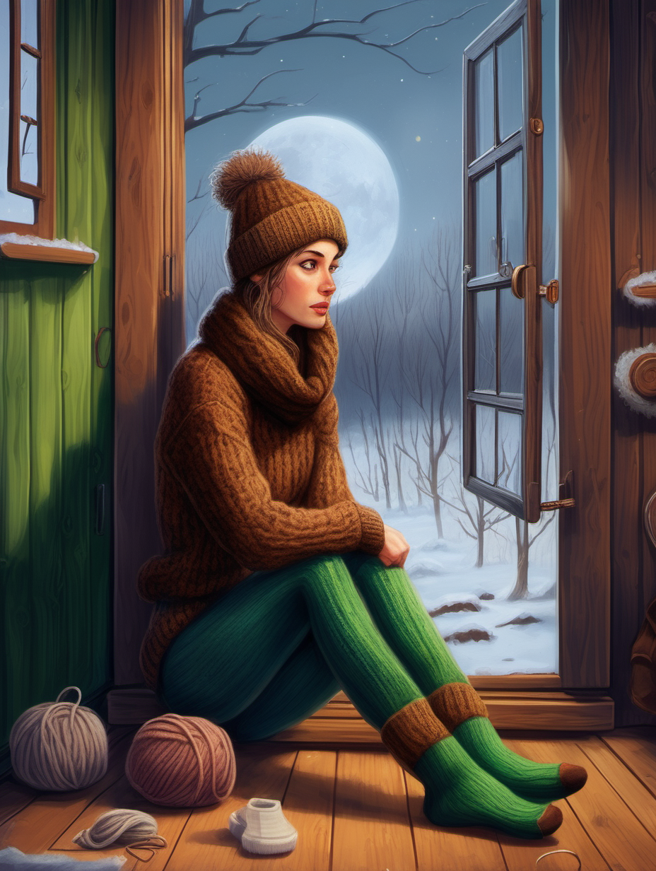 Hot women with long hair tied in a ponytail and green eyes. She is sitting on the floor in a country house with a wooden floor. It is a winter evening. Wood is burning in the stove, through the windows you can see night and trees in the distance. The moon shines brightly in the sky. It feels cold and quiet. The wooden door of the house can be seen next to the window. A knitted scarf, hat, gloves and a double-barreled shotgun hang from it. On the floor next to the door is a pair of rubber boots, knitted socks. Next to them a pair of low galoshes. Around the girl are unfinished knitting. She is wearing a brown hand-knitted thick woolen sweater. Tight on her body. Her legs are in thick black elastic leggings. He wears two pairs of socks. Brown hand knitted wool socks and under other knitted socks. Door is old and dusty.