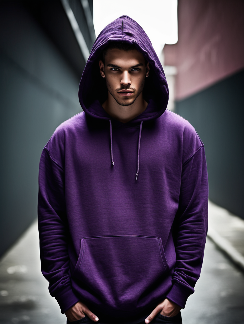 stock photography of urban male wearing oversized dark purple hoodie. grungy setting urban.