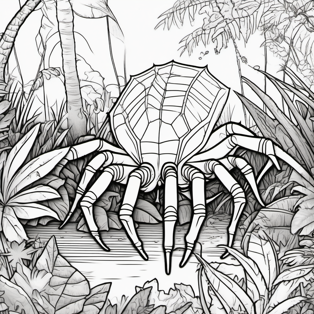 A dinosaur spider, in a jungle, coloring book pages