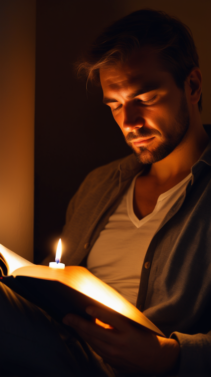 Man reading a book in candlelight looking very calm and relaxed