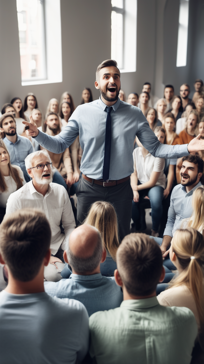 Man leading and telling lots of people to listen to him