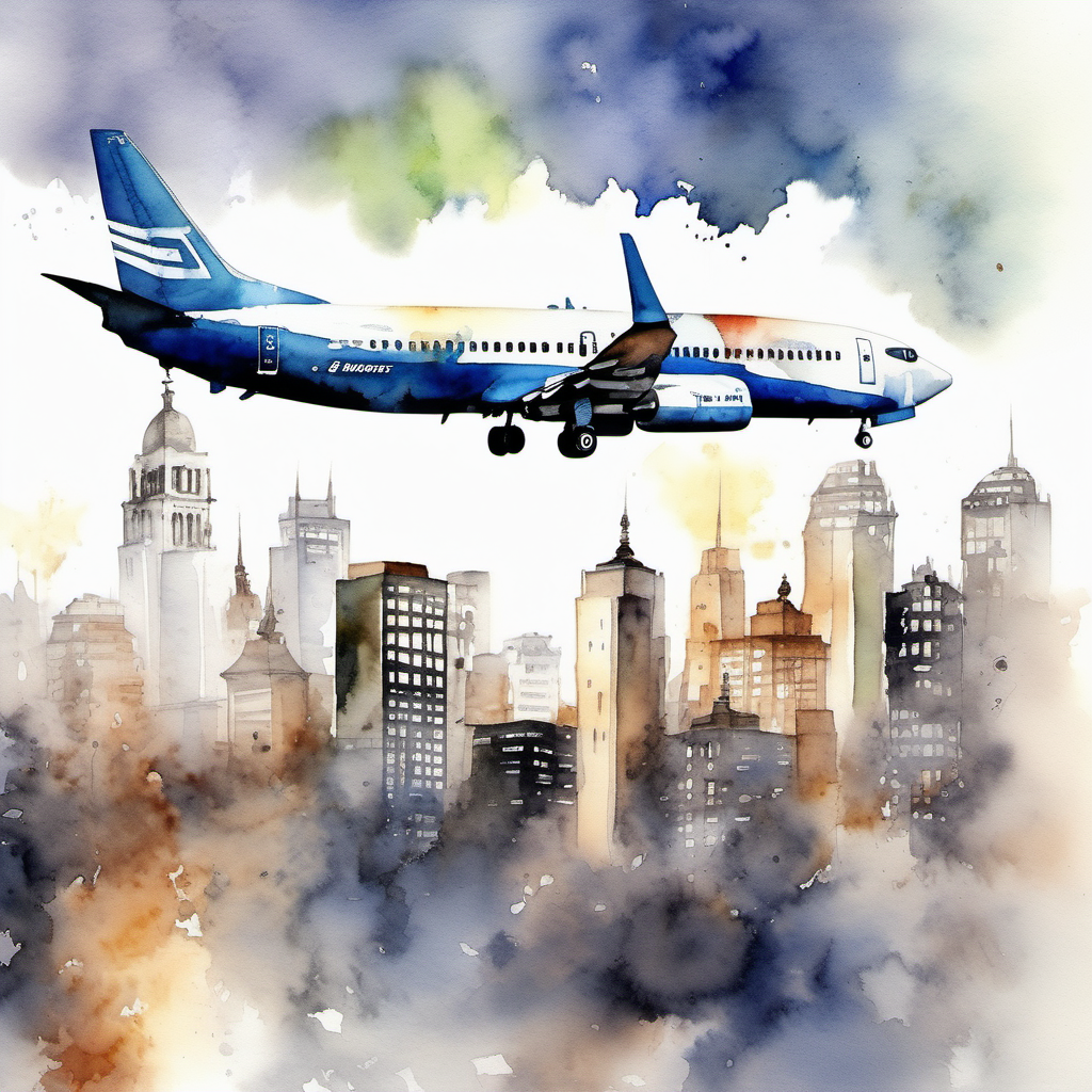Boeing 737  departure from big City, watercolor art