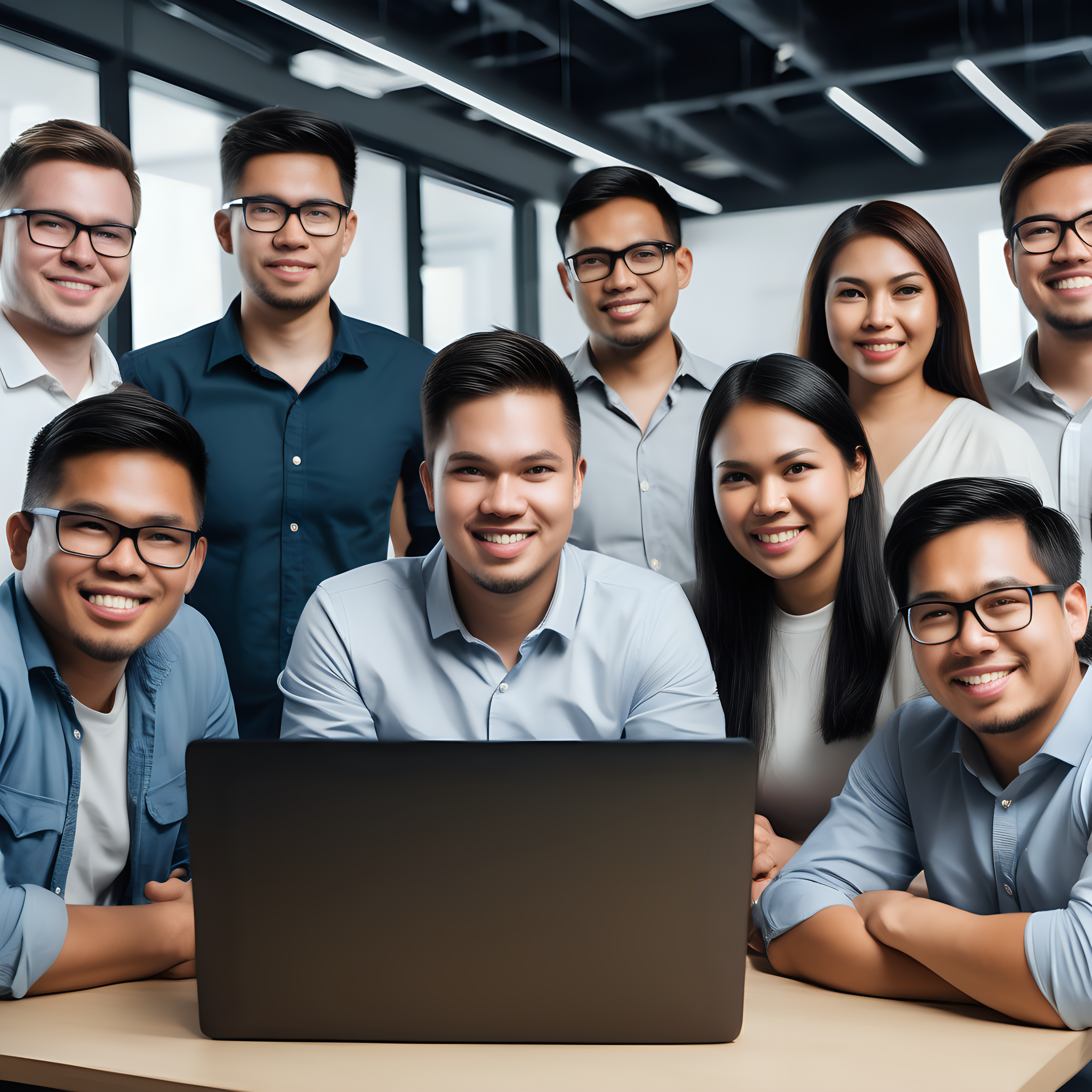 engaging and technical looking software development team mix of filipino and caucasian men and women.  Collaborating together and hard at work.
