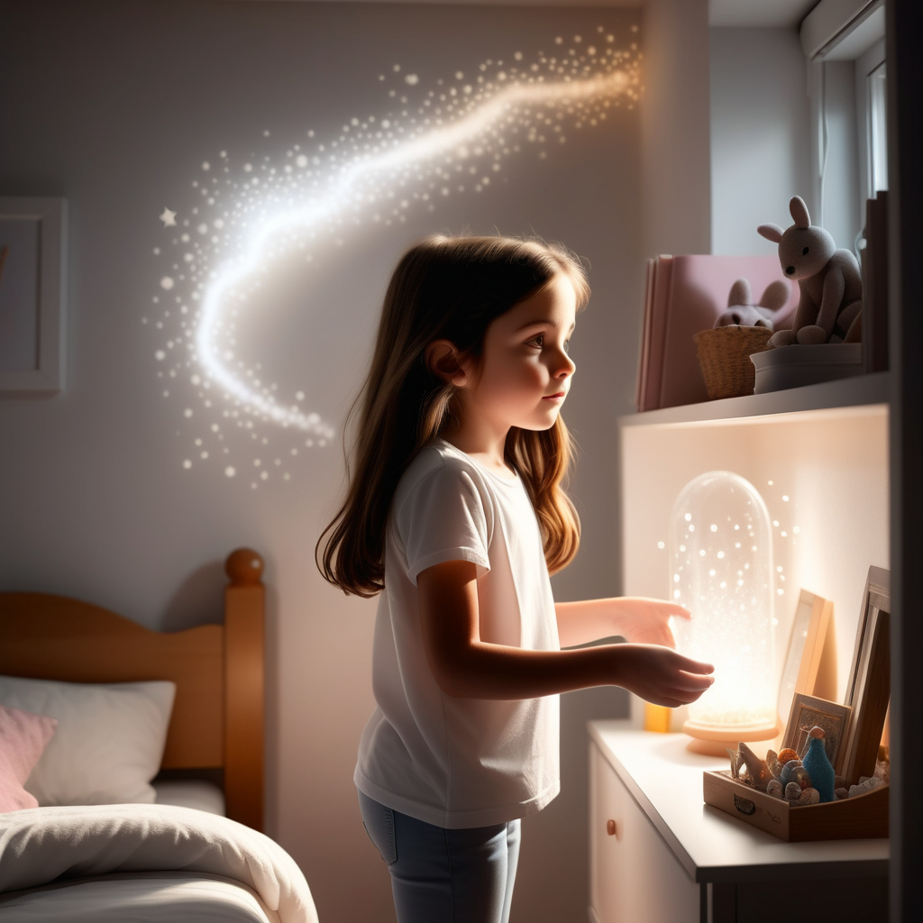 7 years old brunette girl wearing a white t shirt filling her room with magical white light looking at the magic




