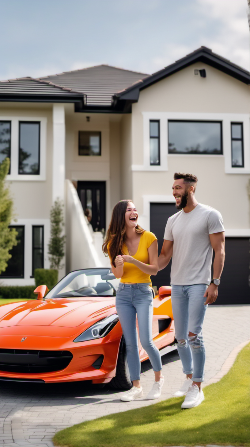 happy couple buying their first house with sports cars in the drive way smiling and excited; candid; 4k