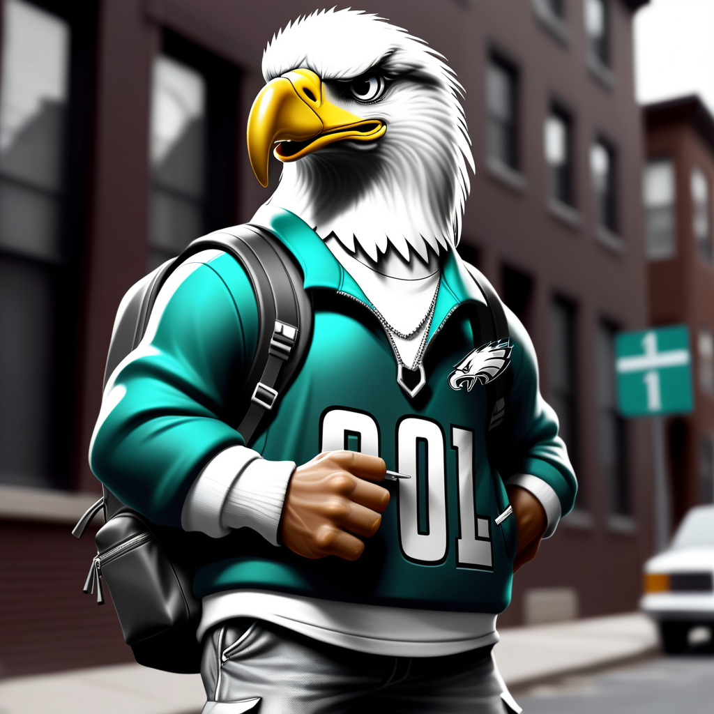 draw a street gangster eagle wearing a throwback philadelphia eagles jersey and a backpack while in black and white