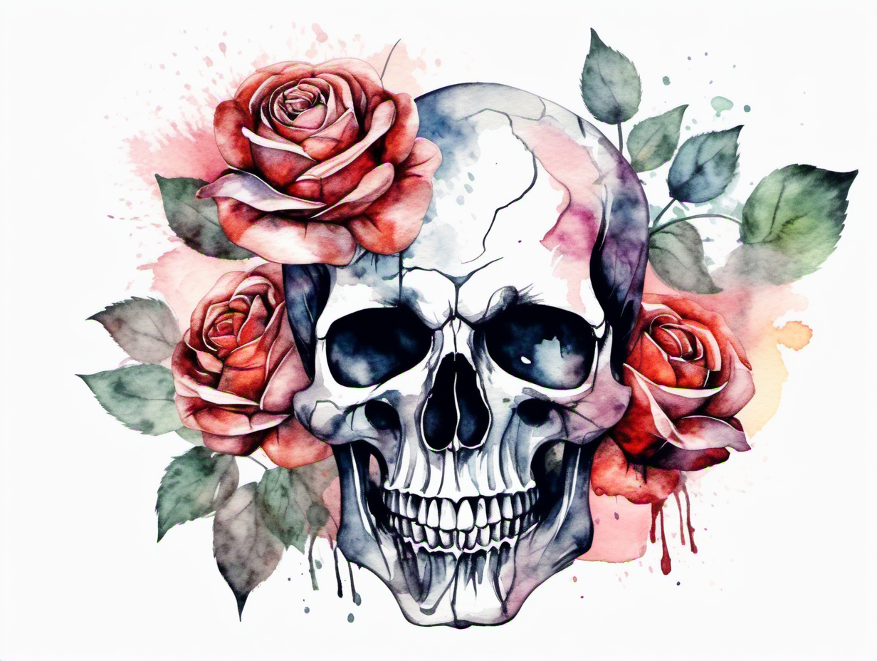 skull with roses in the style of watercolor, on a white background